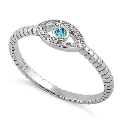 #ad Sterling Silver 925 Evil Eye Ring With CZ Stone Blue Cute Eye Band Ring R94 $29.99
