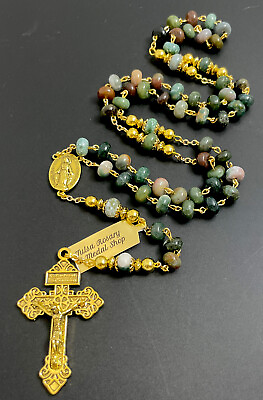 #ad Semi Precious India Agate Stone 22” Rosary Gold Tone Pardon Crucifix w Tag $49.99