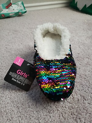 #ad GIRLS Rainbow SEQUINED SOFT amp; COZY Slipper Socks Size 2 5 NEW WITH TAGS $10.00