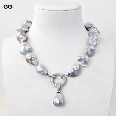 #ad Jewelry 20quot; Natural Gray Baroque Keshi Pearl Necklace CZ Pendant For Women $234.21