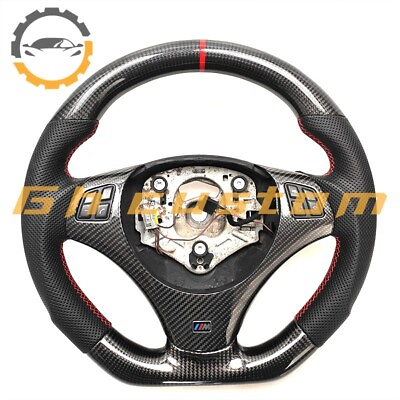 #ad REAL CARBON FIBER Steering Wheel FOR BMW E90E92E82E87m3 RED STRIPE SEMI FLAT $399.00