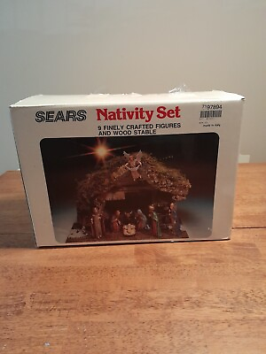 #ad Vintage Sears Nativity Set 9 Figures Wood Stable Made In Italy 97894 w box $50.00
