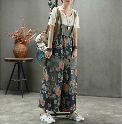#ad Women#x27;s Floral Printed Loose Denim Suspender Trousers Pants Jeans Overalls Retro $33.83