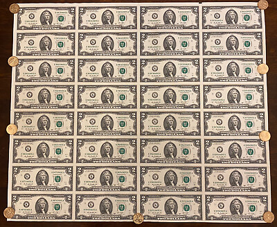 #ad $2 Two Dollar Bills Uncut Currency Sheet of 32 Notes 2013 Dallas Texas $64 $199.00