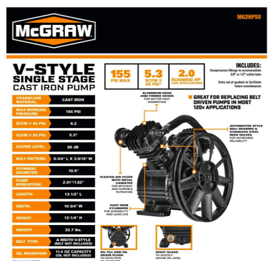 #ad #ad MCGRAW 2 HP 155 PSI V Style Single Stage Cast Iron Air Compressor Pump $224.99