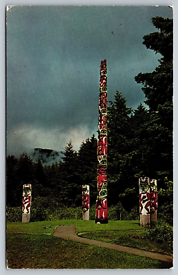 #ad Postcard Alaska AK Sitka National Historical Park Fog Woman Group Totem Poles $6.49