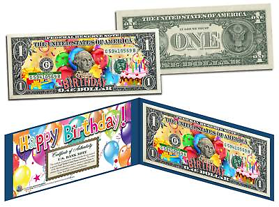 #ad HAPPY BIRTHDAY Keepsake Gift Colorized $1 Bill U.S. Genuine Legal Tender w Folio $12.95