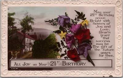 #ad 1910s Embossed GEL Greetings Postcard ALL JOY ON YOUR 21ST BIRTHDAY Rotary Photo $5.62