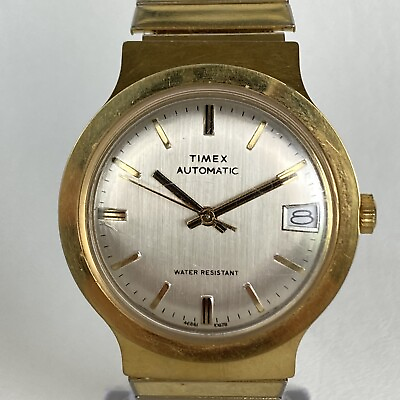 #ad Vintage Timex Viscount Automatic Watch Men Date Gold Tone 36mm Stretch Band 1978 $49.99
