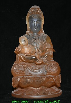 #ad 11quot; Old Tibet Natural Crystal Seat Lotus Kwan Yin Guanyin Tongzi Buddha Statue $330.60