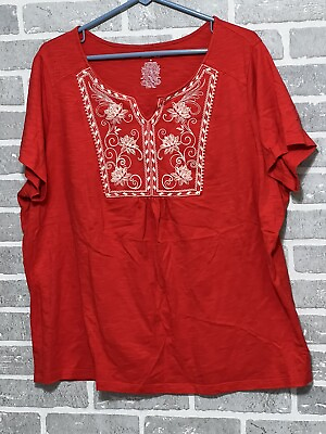 #ad St. John’s Bay Women’s 2X Red Short Sleeve Boho Embroidered Tunic Top Blouse $10.00