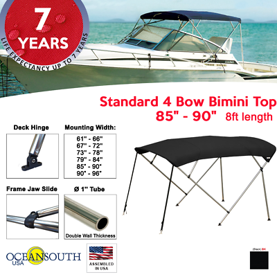 #ad Standard BIMINI TOP 4 Bow Boat Cover Black 85quot; 90quot; Wide 8ft Long W Rear Poles $170.10