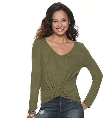 #ad Love Fire Juniors Double V Tie Front Long Sleeve Top in Olive Night Medium $9.99