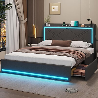 #ad Queen Bed Frame with Stoarge Drawersamp;LED Lights Modern Upholstered Platform Bed $259.97