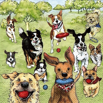 #ad 2 Paper Beverage Napkins for Decoupage Mixed Media Dog Park Runners happy $2.10