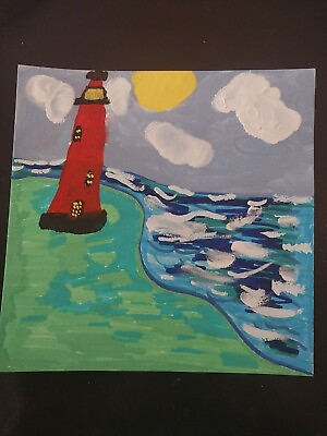 #ad ORIGINAL PAINTING Abstract Seascape LIGHTHOUSE GAT PAINTINGS 8x8 IN Whimsical $84.99