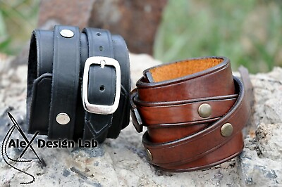 #ad Wide brown Leather cuff Bracelet Double strap wristband Extra class genuine $59.00