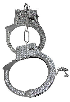 #ad Silver Metal Rhinestone Valentines Day Handcuffs Police Cuffs Costume Accessory $6.95