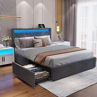 #ad Queen Bed Frame with 4 Drawers Upholstered Platform Bed w LED Lights Headboard $225.99