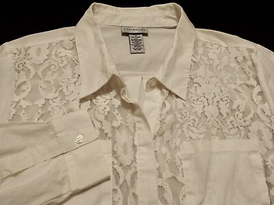 #ad Catherines Womens 1X Plus Shirt Long Sleeve Button Front White Geometric Lace $12.50