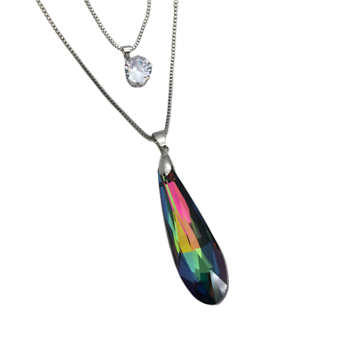 #ad Women#x27;s Multi Color Glass Crystal Teardrop Pendant Double Chain Necklace $6.99