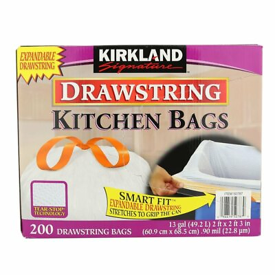 #ad Kirkland Signature Drawstring Kitchen Trash Bags 13 Gallon 200 Count $33.43