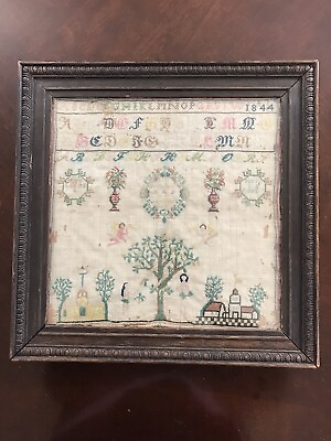 #ad Antique Adam and Eve Needlepoint Sampler Dated 1844 in Original Frame $525.00