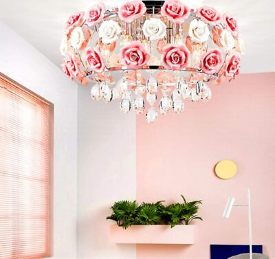 #ad 20quot; Crystal Ceiling Light Fixtures Ceramic Rose Flowers Chandelier Pendant Lamps $125.59