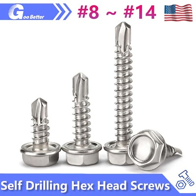 #ad #8 #14 Stainless Steel 410 Hex Washer Head Self Drilling Sheet Metal Tek Screws $5.25