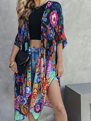 #ad NEW O S Kimono Wrap Cover Up Floaty amp; Floral Boho Wrap Robe Maxi Dress NWT $46.55