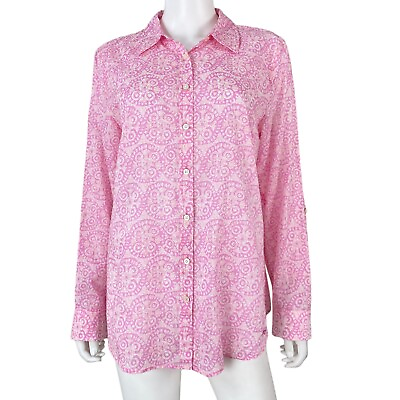 #ad Talbots Size Large Cotton Button Down Shirt Pink Batik Lightweight Blouse $17.95