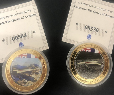 #ad 2 x QUEEN OF AVIATION CONCORDE THE LEGEND 24ct GOLD PLATED COMMEMORATIVE COINS GBP 40.00