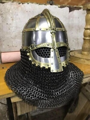 #ad 16GA SCA Vendel Medieval Viking Helmet Knight With Chainmail Helmet Viking Brass $160.00