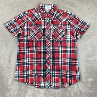 #ad True Religion Western Shirt Men XL Red Plaid Pearl Snap Dual Pockets Logo SS $32.82