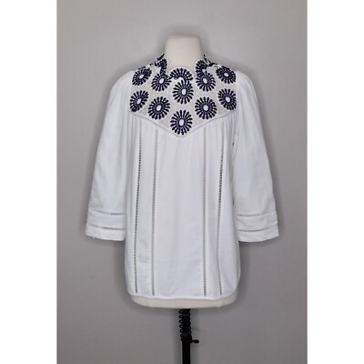 #ad CURRENT AIR Crochet Lace White amp; Navy Blouse Top Feminine Romantic Medium $25.96