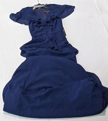 #ad SHANI V Neck Short Sleeve Ruffle Long Gown Dress Size 8 Navy Blue $338.39