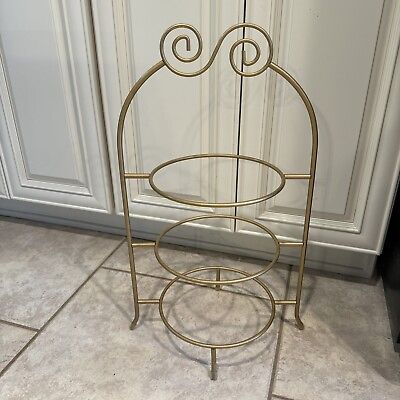 #ad 21quot; Large 3 Tier Metal Wire Plate Stand Rack Display Holder Gold Swirl Top 10quot; $50.00
