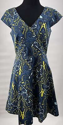 #ad Plenty by Tracy Reese Fit amp; Flare Blue Yellow Cap Sleeve Paisley Dress Size 4 $24.99