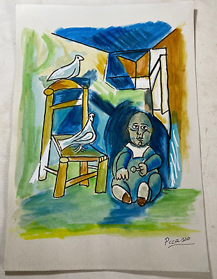 #ad Drawing by Pablo Picasso on paper handmade signed and stamped mixed media vtg $135.00
