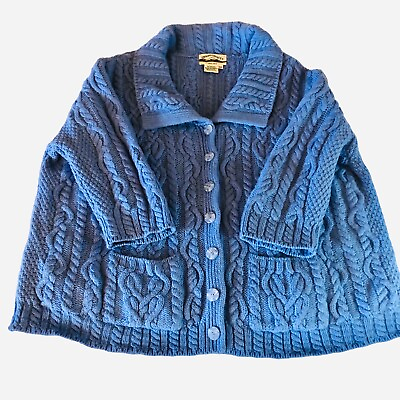 #ad Aran Crafts Ireland Sweater Womens XXL Blue Merino Wool Chunky Cable Cardigan $65.59