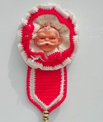 #ad Vintage Rubber Face Santa Handmade Crochet Christmas Bell 15quot; $15.99