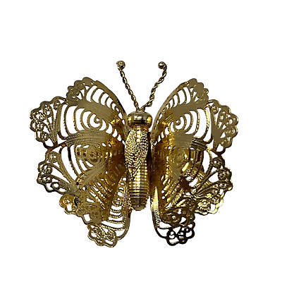 #ad Vintage Butterfly Brooch Filigree Open Metal Work Gold Tone $13.95