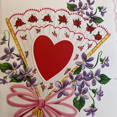 #ad Vtg Valentines Day Card Teacher Fan Red heart Roses Violets Purple Pink Rosebuds $4.99