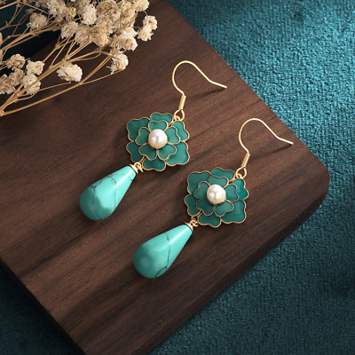 #ad Turquoise Drop Dangle Earrings Cloisonne Boho Gemstone Flower 18K Gold Plated $12.95