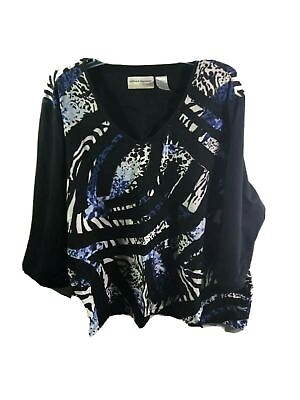 #ad Alfred Dunner Blouse Shirt Top Womens Plus Size 2x Zebra 3 4 sleeve v neck black $27.77