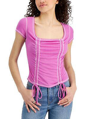 #ad Just Polly Juniors#x27; Women#x27;s Square Neck Ruched Top Pink Size Regular Medium M $4.72