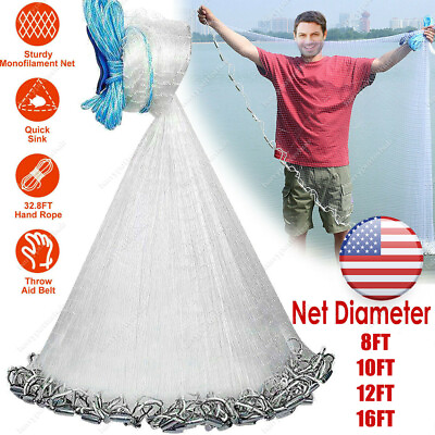 #ad 8 10 12 14 16FT Fishing Cast Net Bait Easy Throw Hand Cast Strong Nylon Mesh USA $17.99