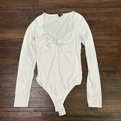 #ad Express Body Contour Women#x27;s Long Sleeve Twist Front White V Neck Bodysuit Sz M $14.94