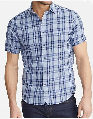 #ad UNTUCKit Morton Button Down Short Sleeve Shirt Blue Plaid Tall Regular $34.99