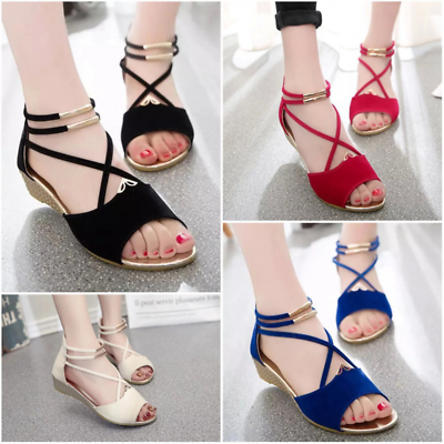 #ad Women Open Toe Low Heel Wedge Sandals Summer Cross Strap Casual Shoes Comfort $24.06